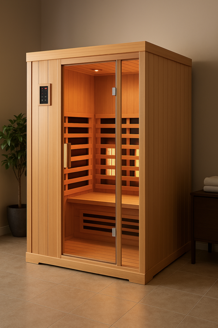 Moderní domácí infrasauna Hanscraft z hemlocku – interiérová instalace.